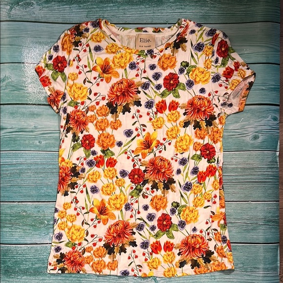 Elie Tahari Colorful Floral Short Sleeve Tee - Red, Yellow, Orange - Picture 1 of 2